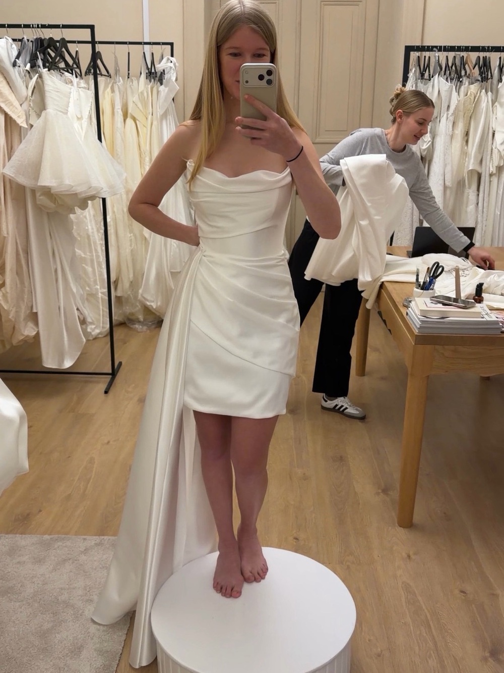 White Strapless Satin Mini Wedding Dress with Drape Train